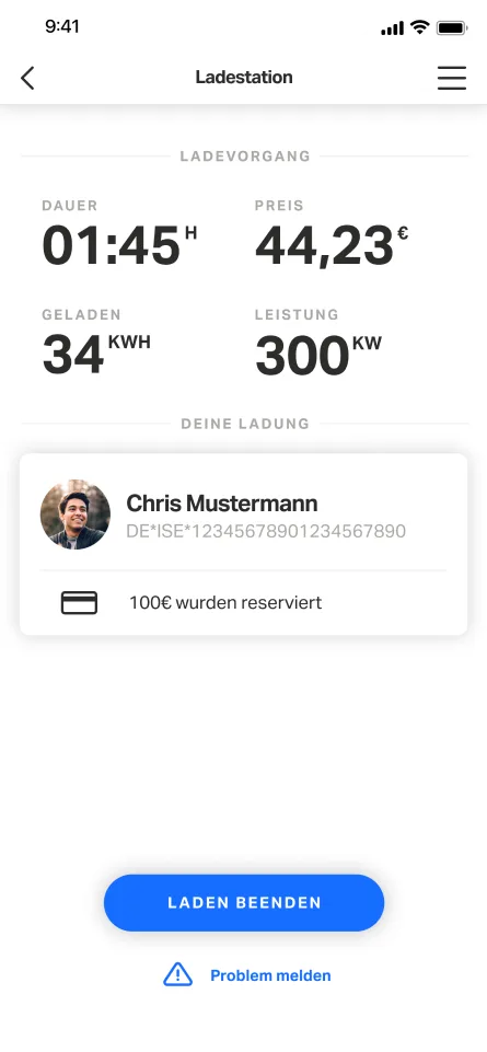 Laufender Ladevorgang in der mblty App mit Dauer, Preis, geladener Energie und Ladeleistung