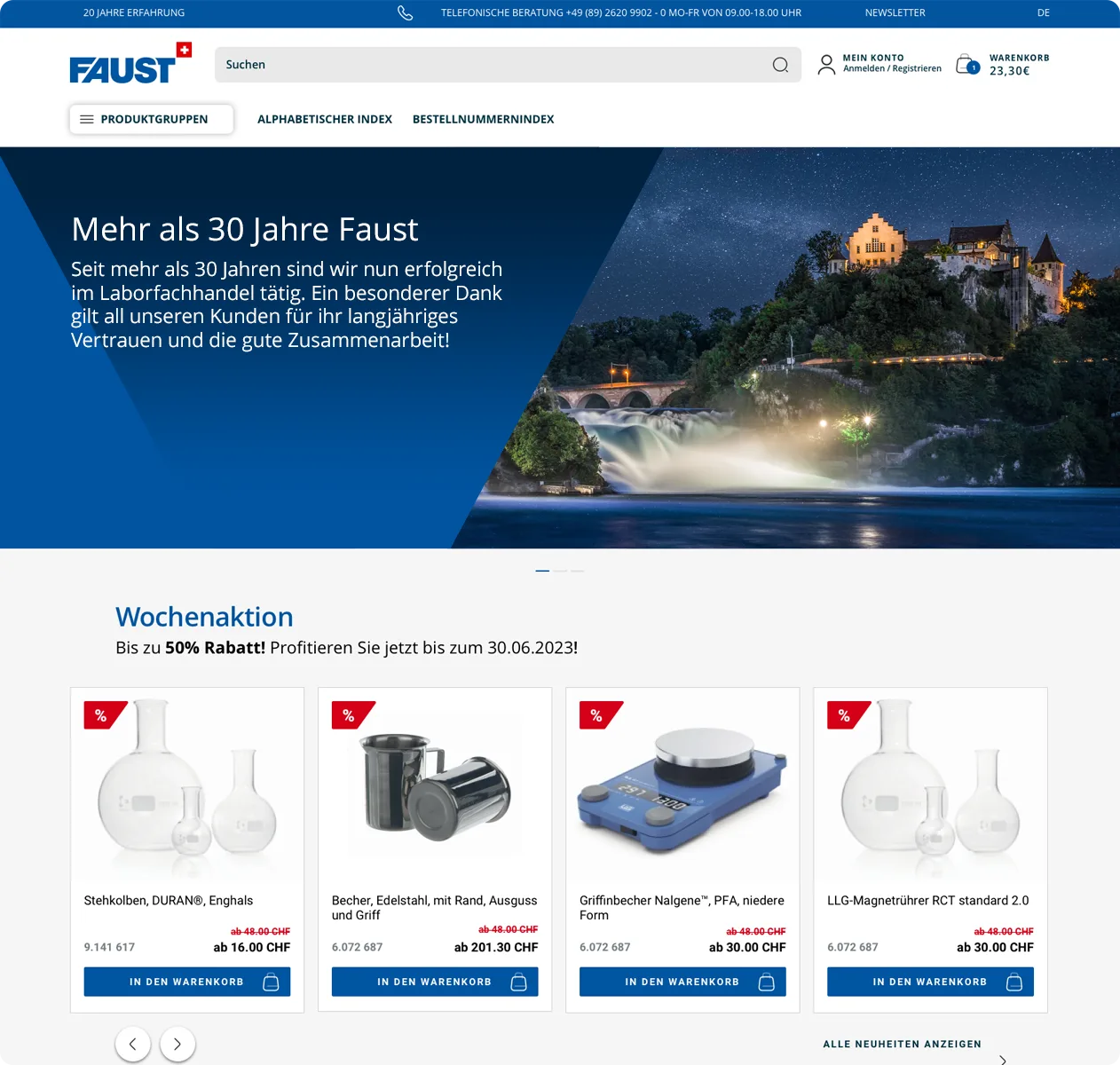 Startseite des Shopware-Shops der Faust Laborbedarf AG mit Produktübersicht